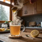 Warm honey drink in glass mug with lemon, photographed by Chef Arnas