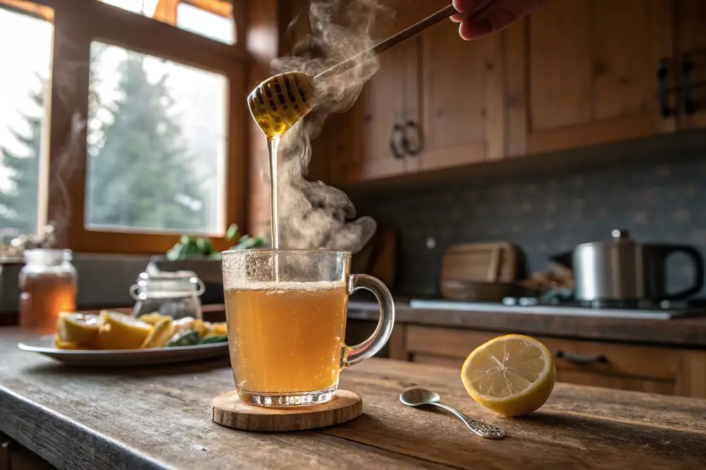 Warm honey drink in glass mug with lemon, photographed by Chef Arnas