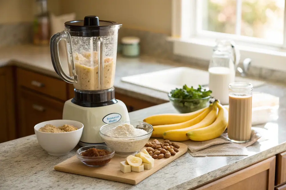 Tropical smoothie peanut paradise ingredients on a kitchen counter