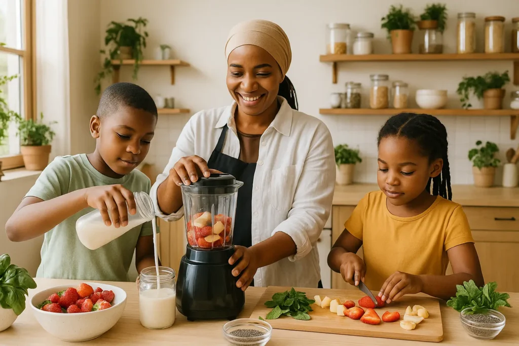 Chef Armas and her two children preparing a fresh smoothie in a cozy kitchen