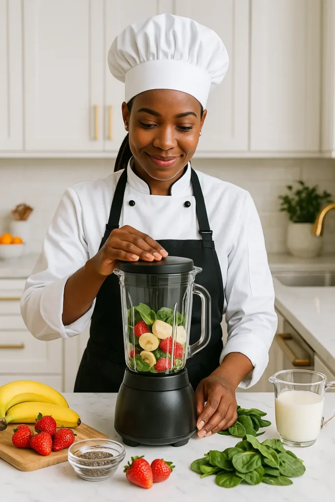 Chef Armas preparing a fresh green smoothie with bananas, strawberries, and spinach in a modern kitchen