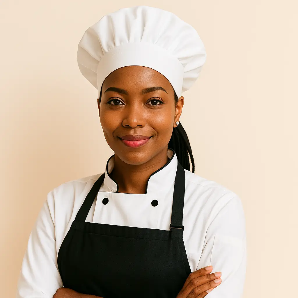 Portrait of Chef Armas in a white chef hat and black apron