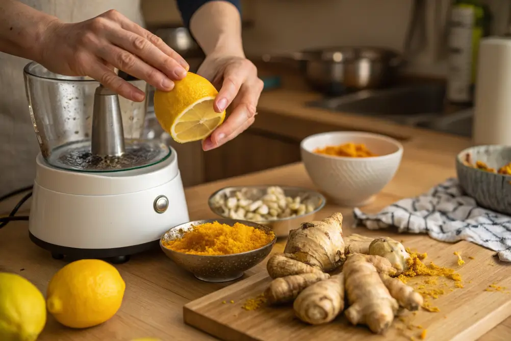 Fresh ginger, turmeric, and lemon juice preparation

