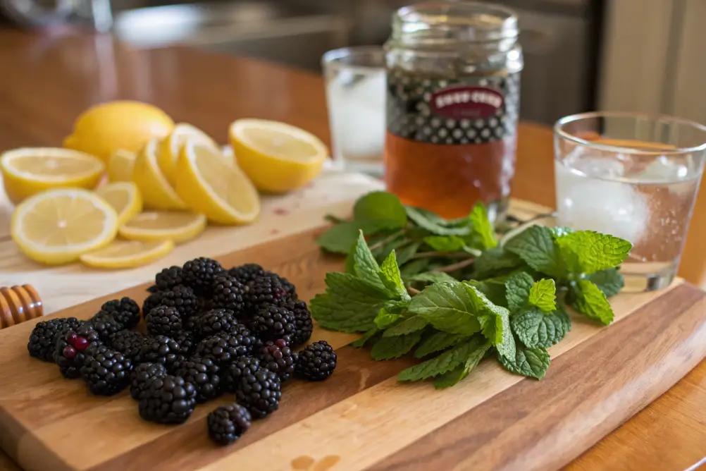 Ingredients for blackberry mocktail laid out on wooden board