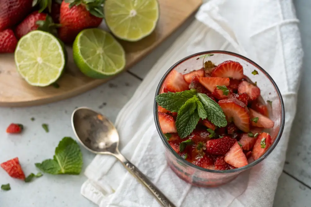Muddled strawberries and mint in a glass