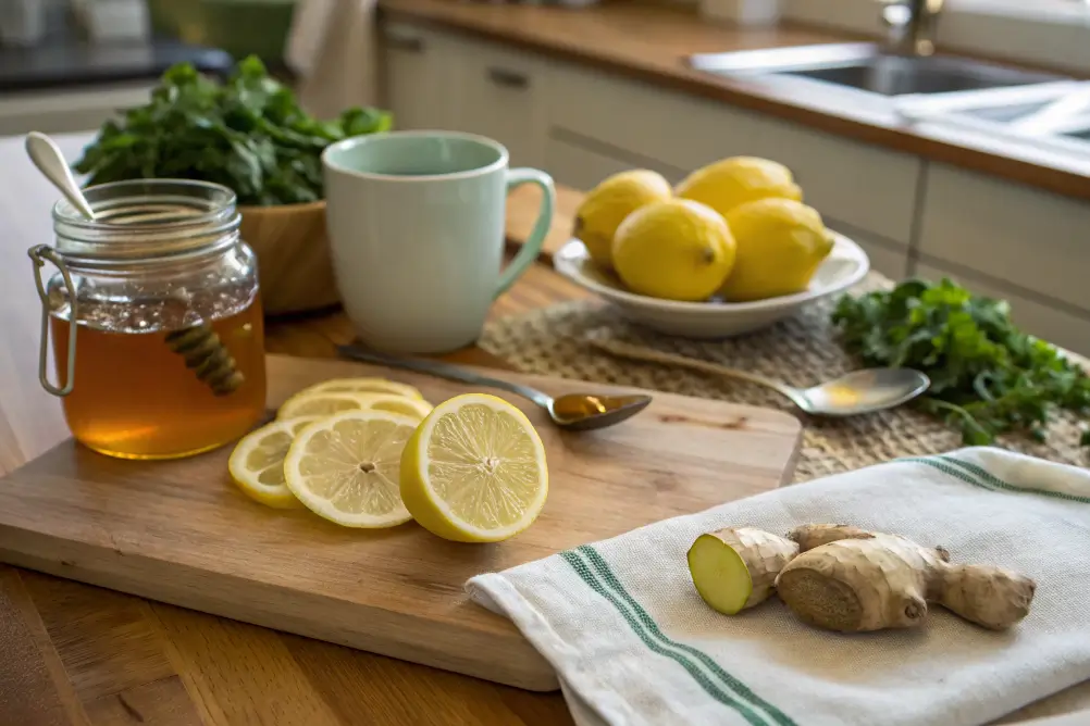 Honey, lemon, and ginger arranged naturally on a kitchen counter