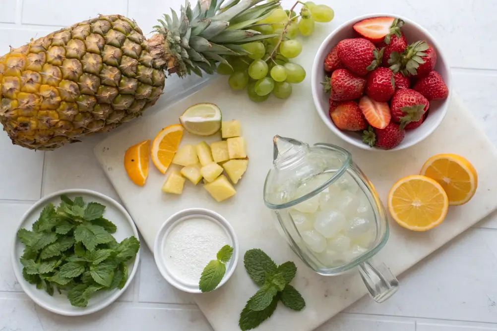 Ingredients for halal pina colada sangria on a kitchen counter	