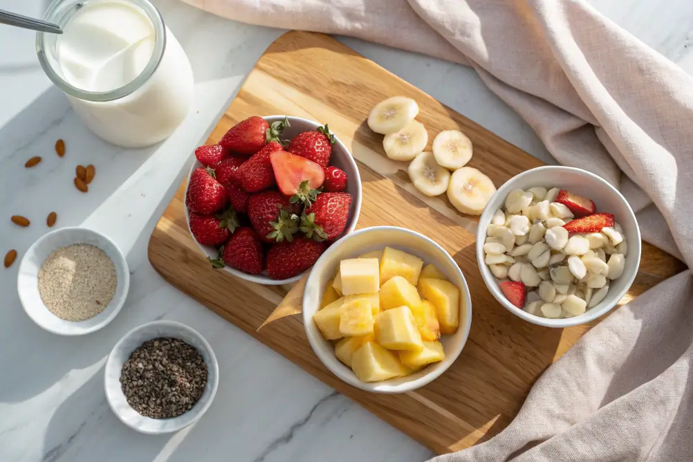 Tropical smoothie ingredients flat lay