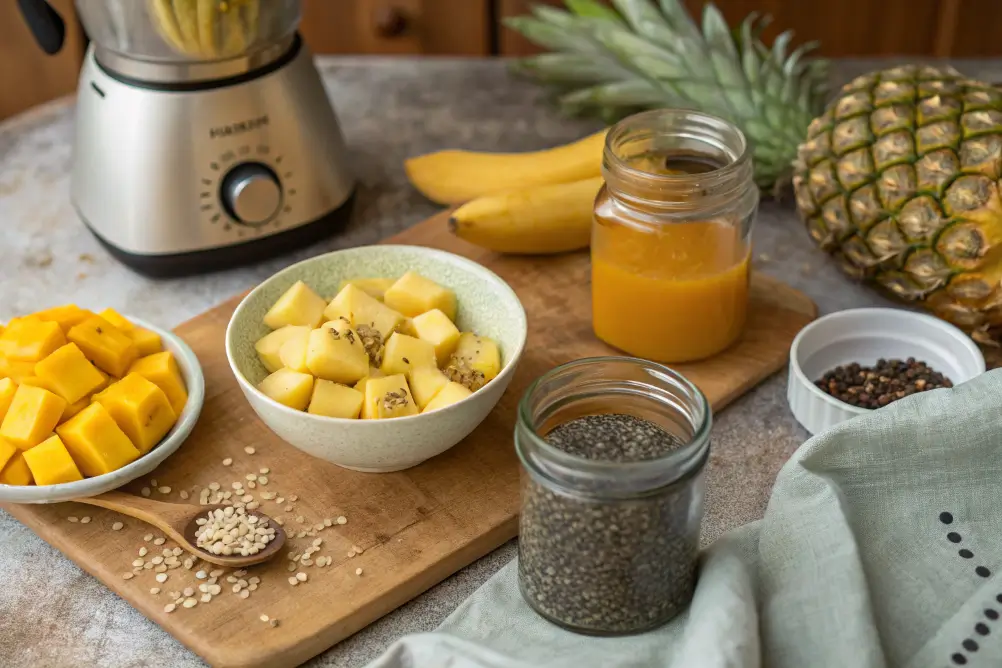 Ingredients for a tropical smoothie laid out on a kitchen counter