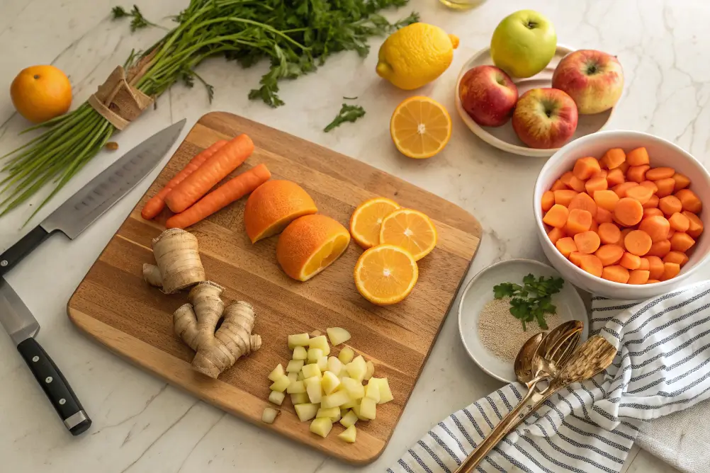 Prepped ingredients for Sunrise Juice on a cutting board