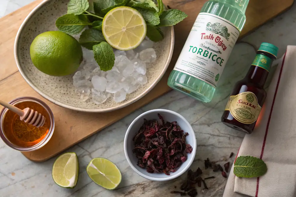 Hibiscus mocktail ingredients laid out on a kitchen counter