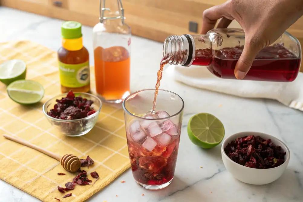 Pouring hibiscus tea into a glass over ice with lime and honey nearby