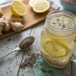 Halal ginger chia water in a glass with lemon and chia seeds
