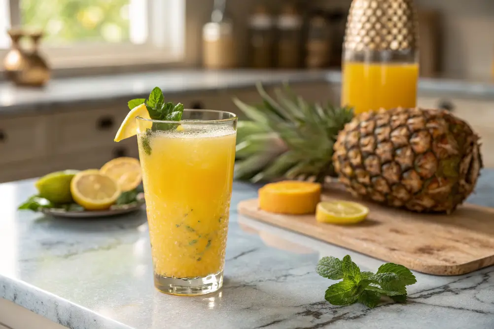 Served pineapple mango juice with mint and lemon on marble kitchen surface