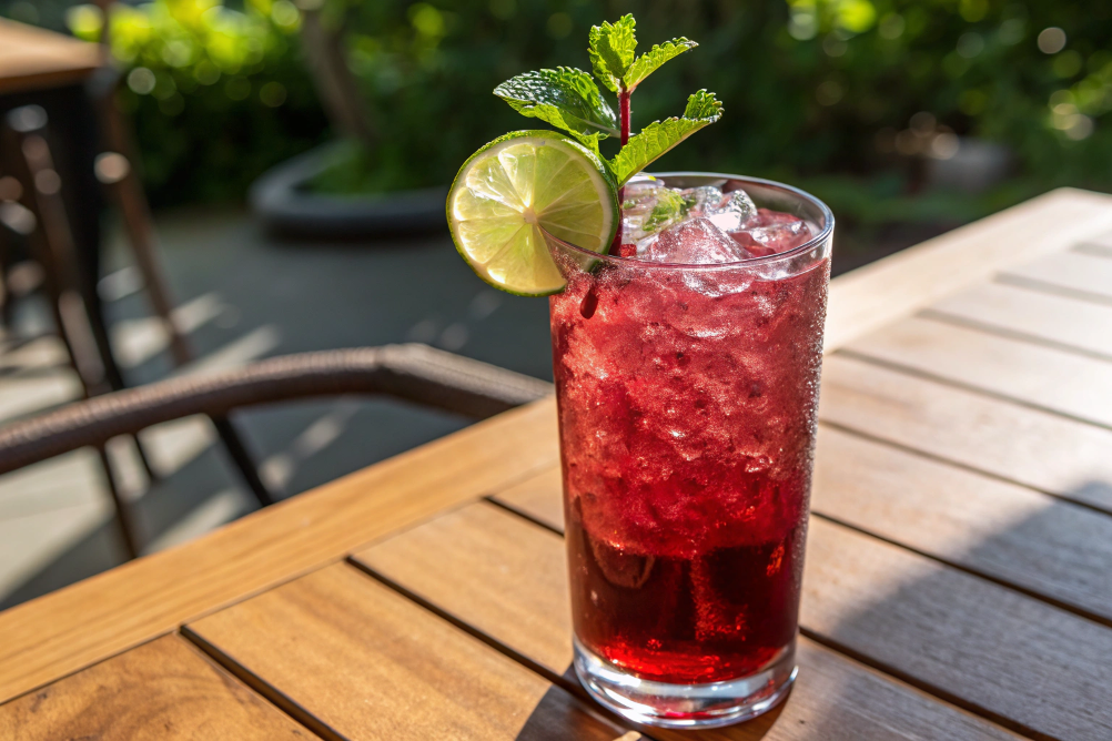 Tall glass of hibiscus mocktail with mint and lime