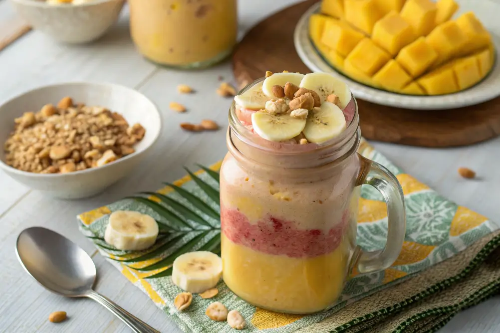 Smoothie in mason jar with banana slices and crushed peanuts