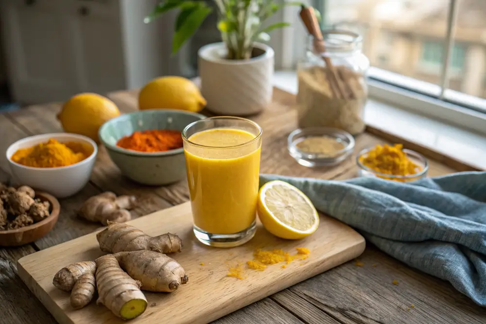 Ginger turmeric wellness shot on kitchen counter