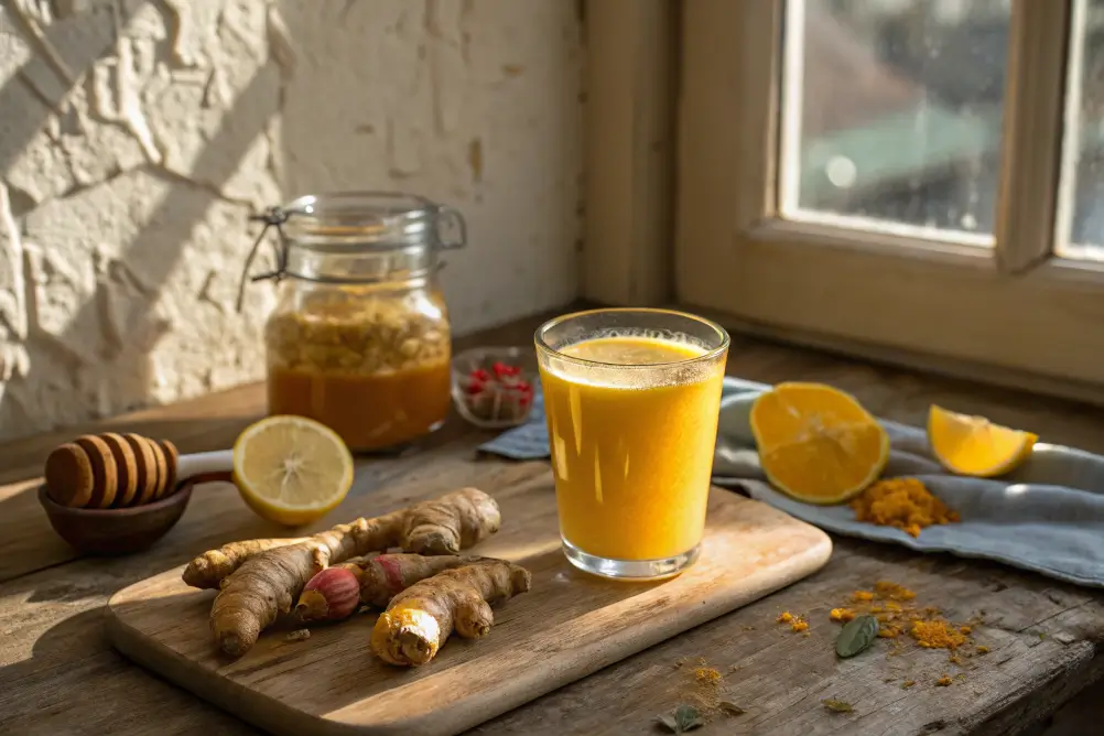 Glass of turmeric ginger wellness shot with fresh ingredients on kitchen counter