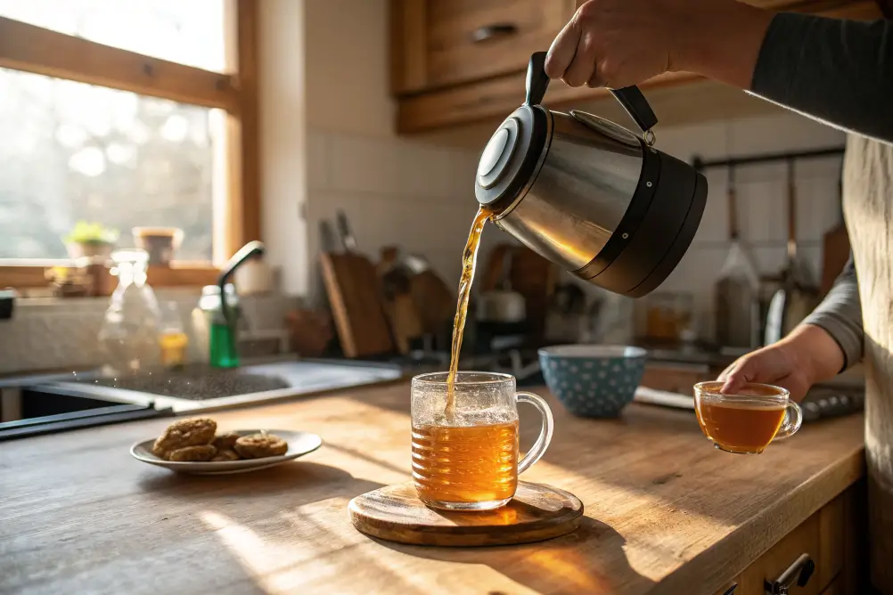 Chef Arnas pouring warm water into honey glass in kitchen