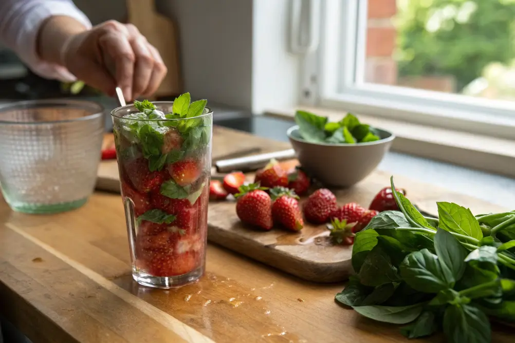 Muddled strawberries and basil in glass

