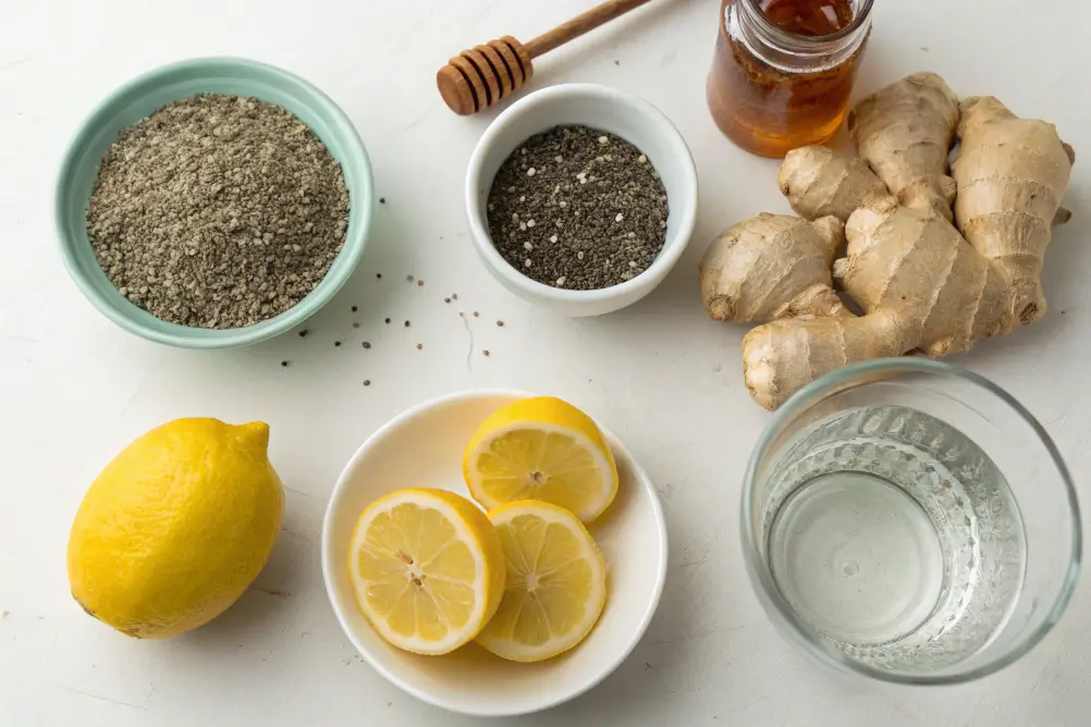 Fresh ginger, chia seeds, lemon, honey, and water for healthy recipe