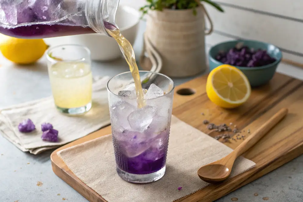 Pouring lemon into butterfly pea tea in glass