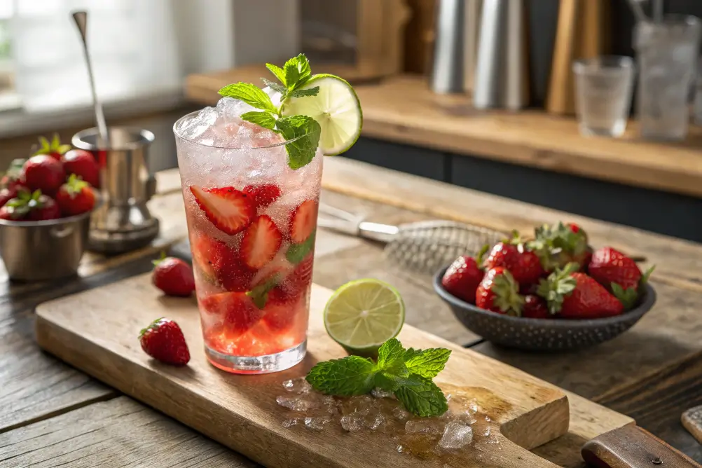 Strawberry mojito mocktail with mint and lime in glass