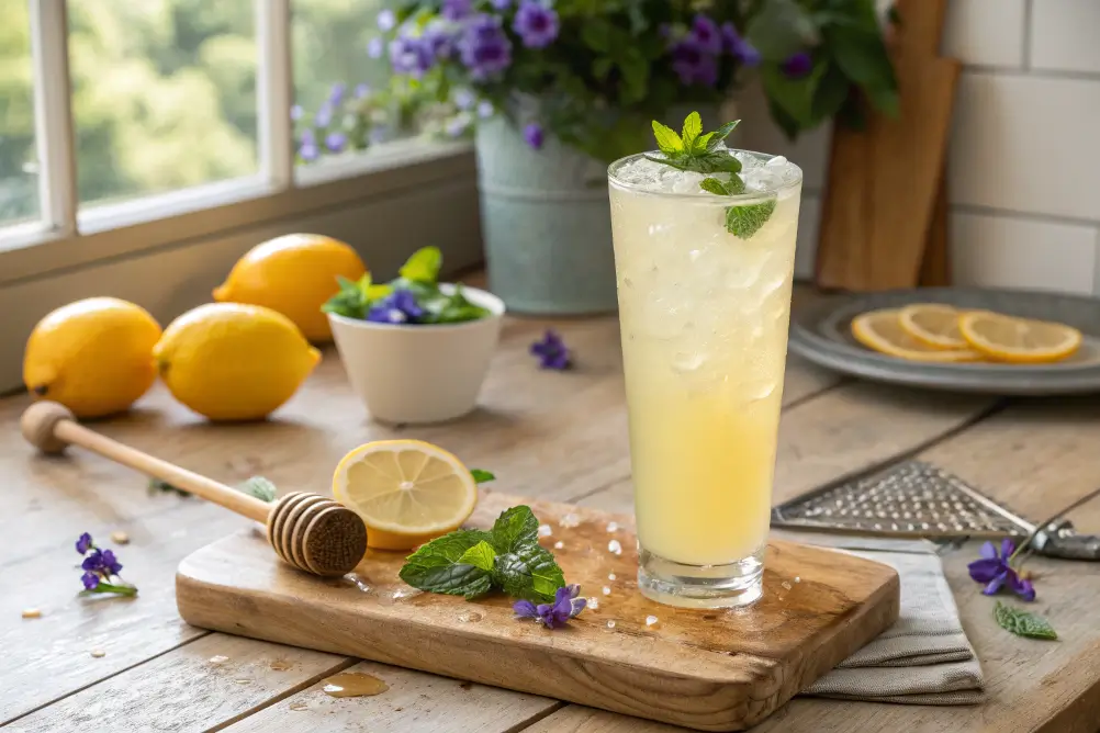 Honey Lemon Butterfly Fizz in tall glass with lemons and honey