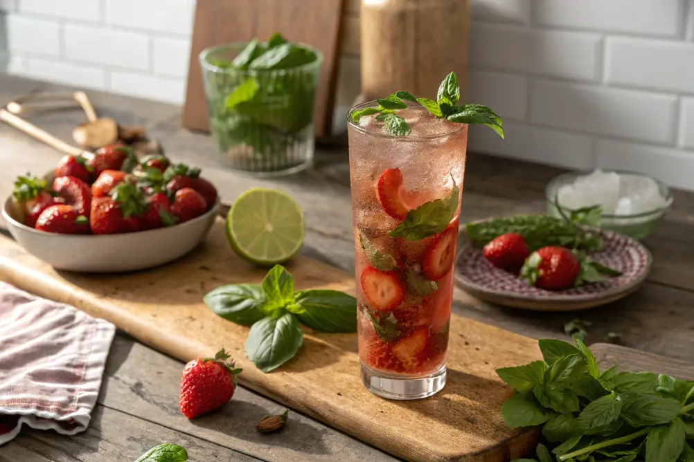 Strawberry basil mojito in glass with fresh fruit and herbs