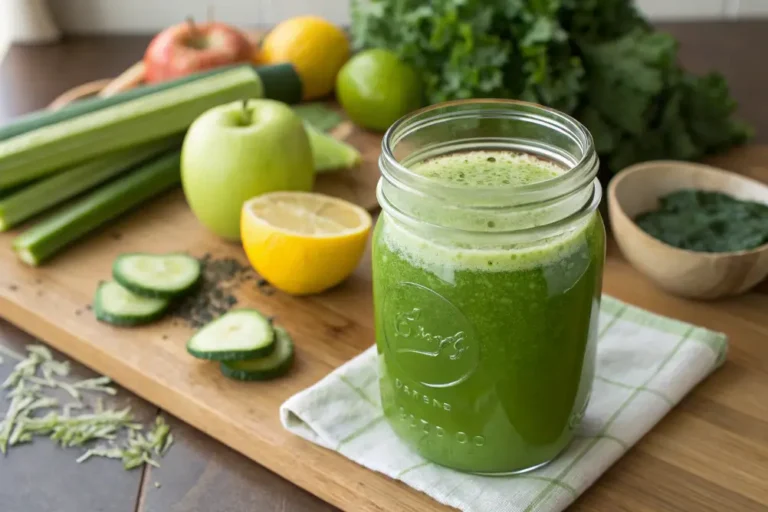 Glass of green juice with lemon garnish, surrounded by fresh kale, cucumber, and apple