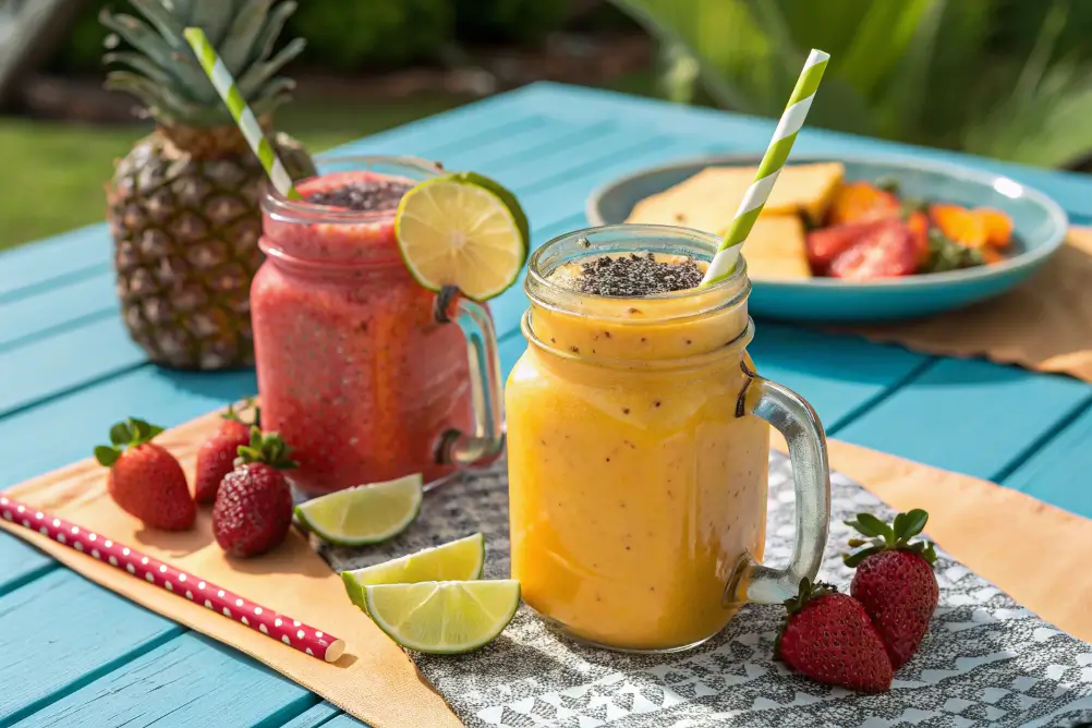 Served tropical smoothies with garnishes

