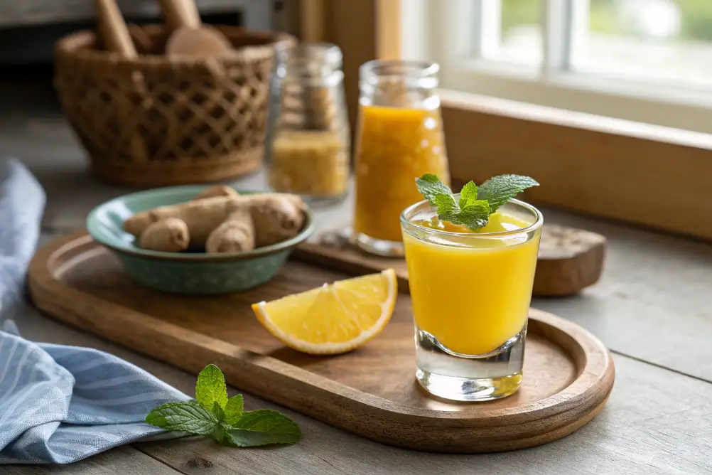 Served ginger turmeric wellness shot in clear glass