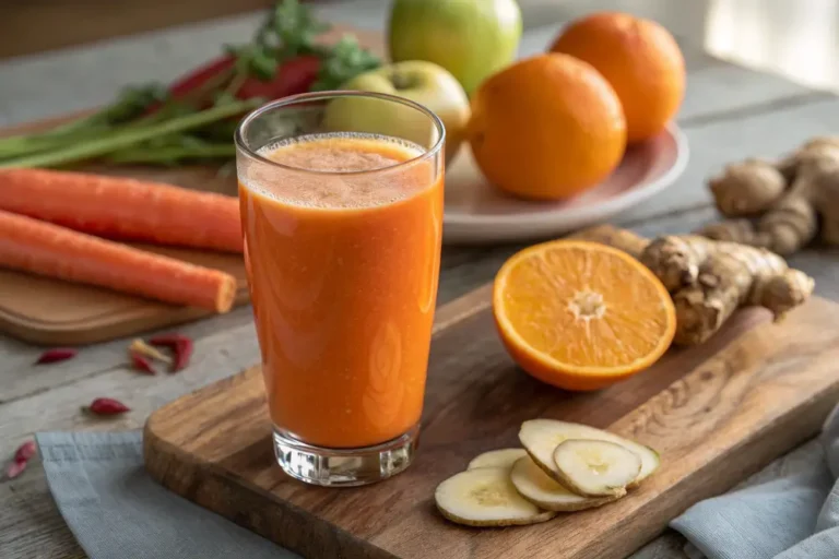 Glass of Sunrise Juice with orange slice and mint garnish on a sunny morning table