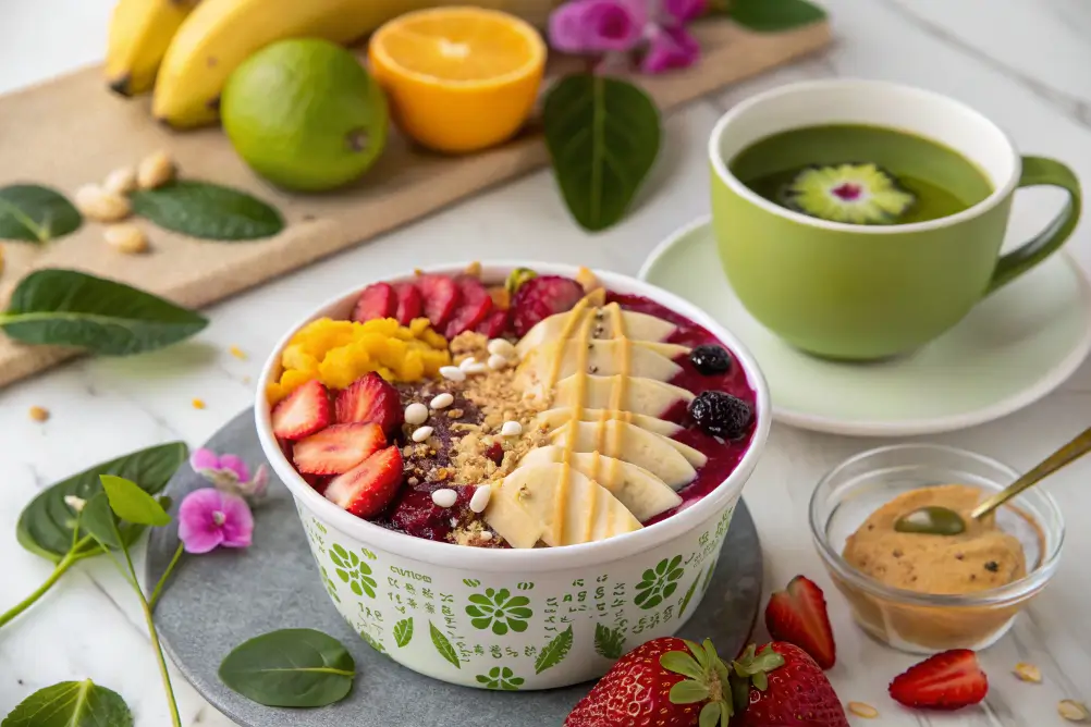Acai bowl tropical smoothie with peanut butter and tea