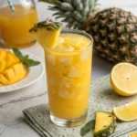 Glass of pineapple mango juice with ice, garnished with mint and pineapple, on a sunny tropical background.