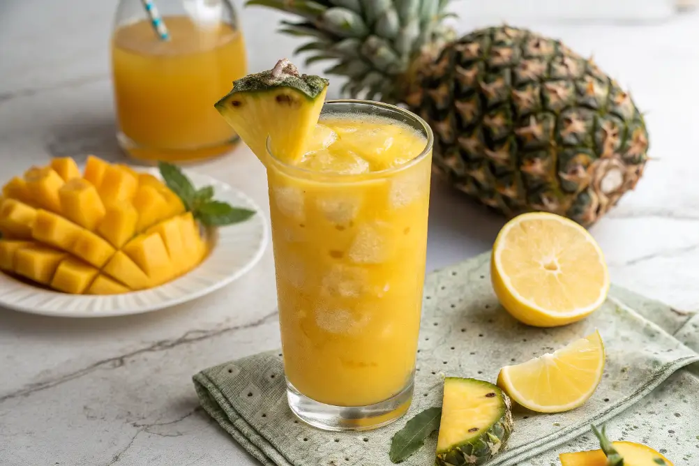 Glass of pineapple mango juice with ice, garnished with mint and pineapple, on a sunny tropical background.