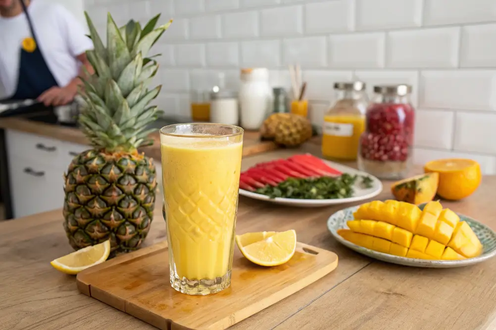 Fresh pineapple mango juice in a glass with fruit slices on a wooden counter