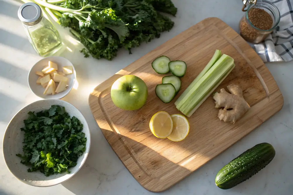 Prepped green juice ingredients on wooden cutting board