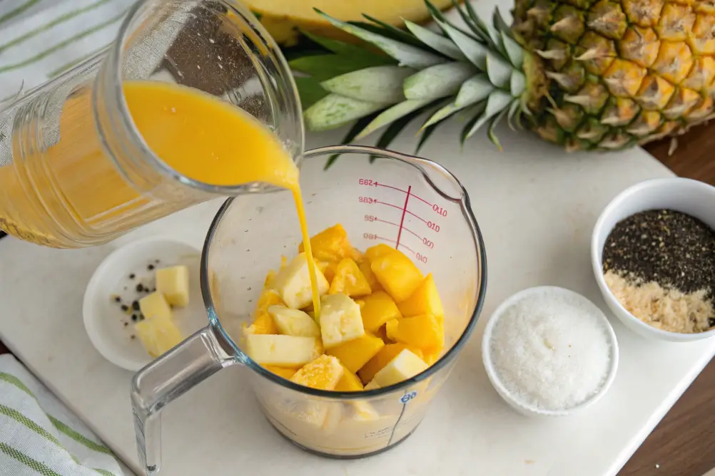 Blending mango and pineapple into a smoothie
