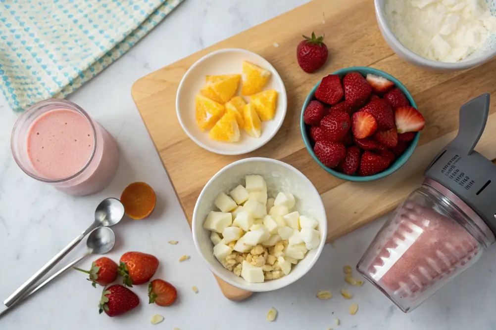 Bahama Mama smoothie ingredients laid out on a counter	
