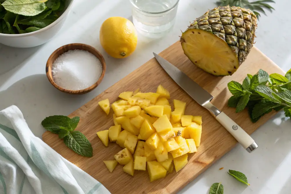 Fresh ingredients for pineapple mango juice on a cutting board