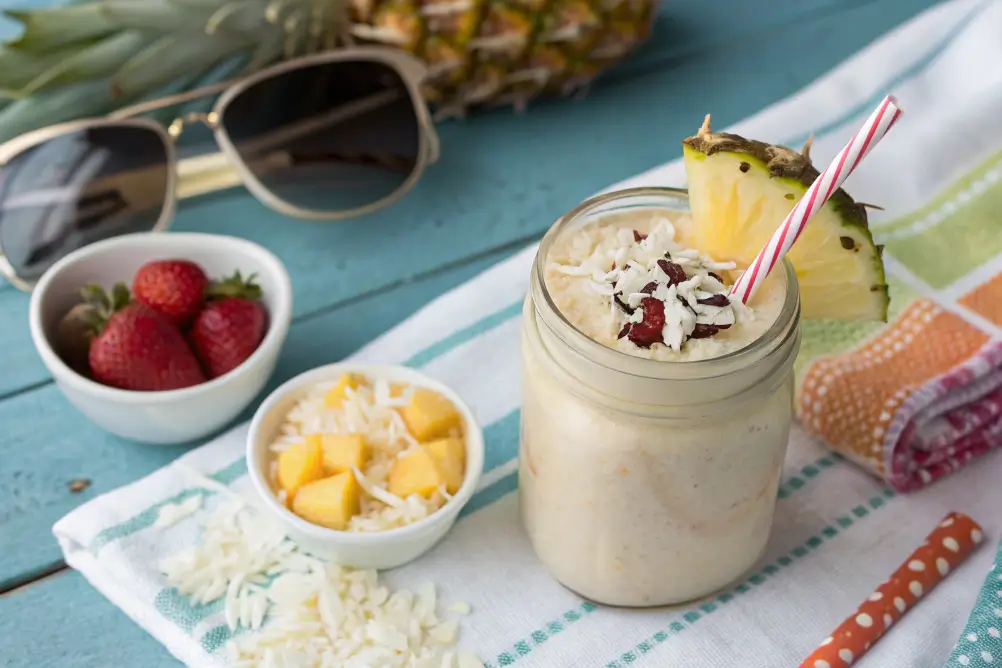 Mason jar smoothie topped with coconut and pineapple	