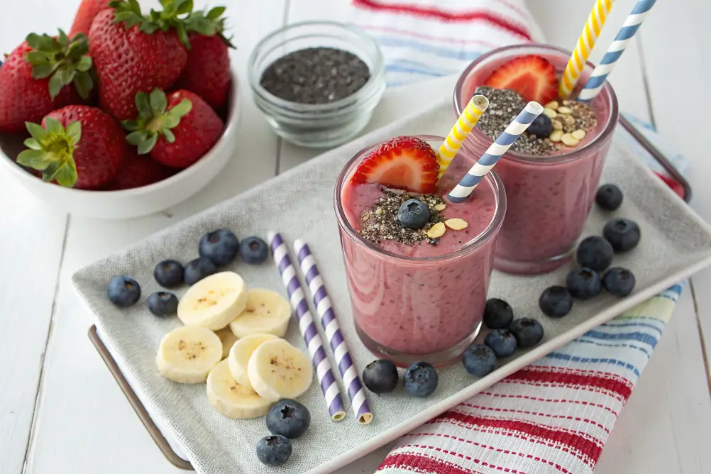 Served smoothie with toppings and straws	