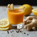 Bright turmeric ginger wellness shot in a small glass with fresh ingredients on the side