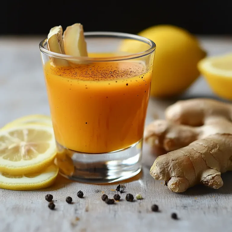 Bright turmeric ginger wellness shot in a small glass with fresh ingredients on the side