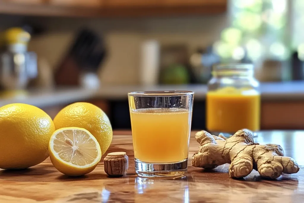 Turmeric ginger wellness shot on kitchen counter