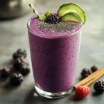Blood sugar balance smoothie in a clear glass topped with chia seeds and a cucumber slice