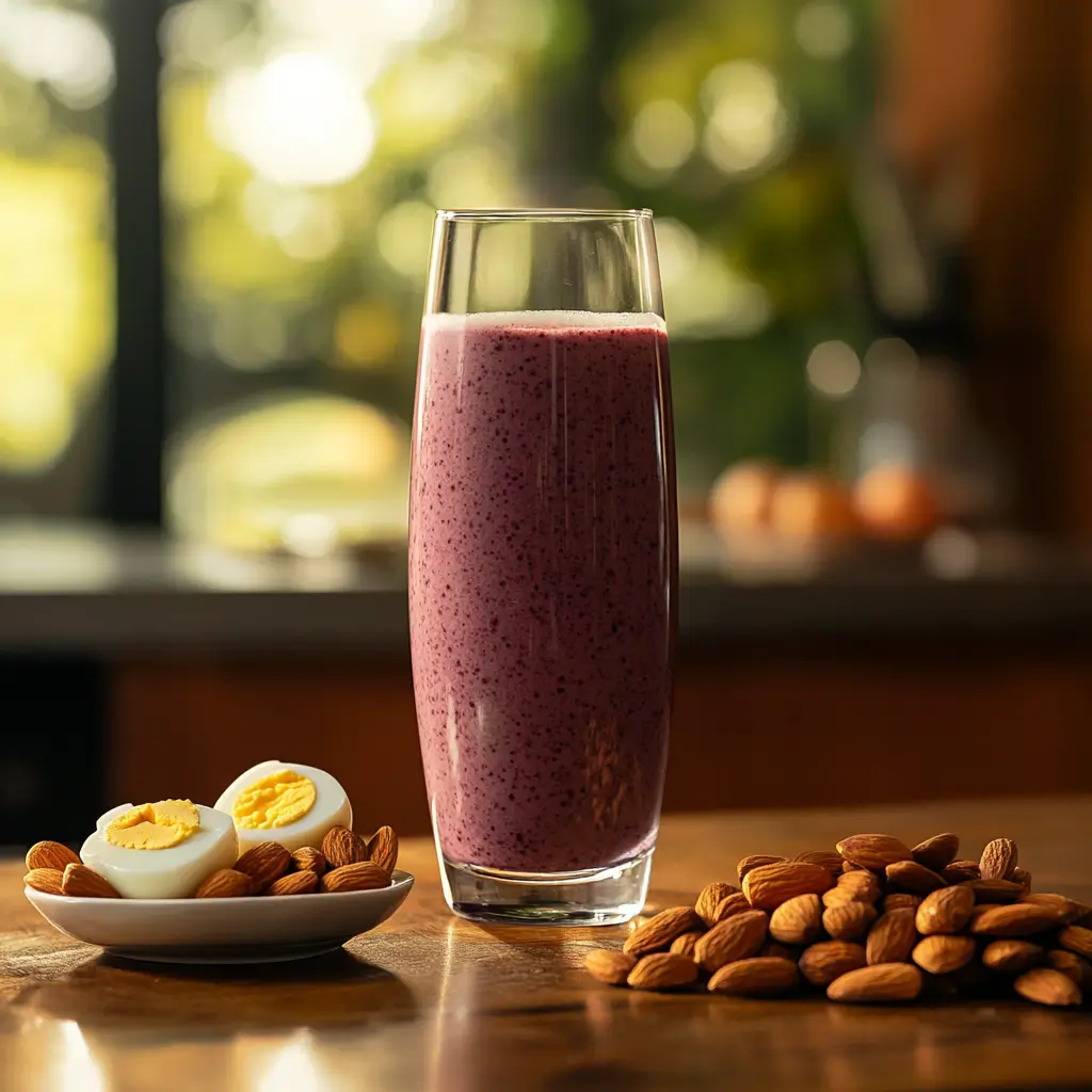 Blood sugar smoothie served with almonds and eggs