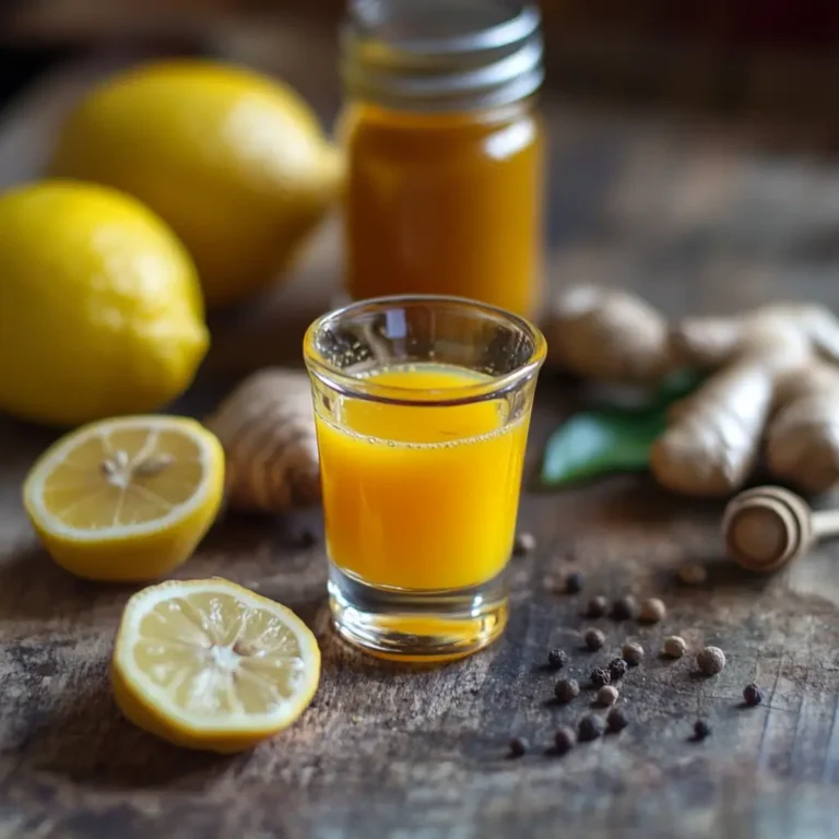 Bright yellow ginger turmeric wellness shot in a small glass with fresh ginger, lemon, and honey on a wooden counter