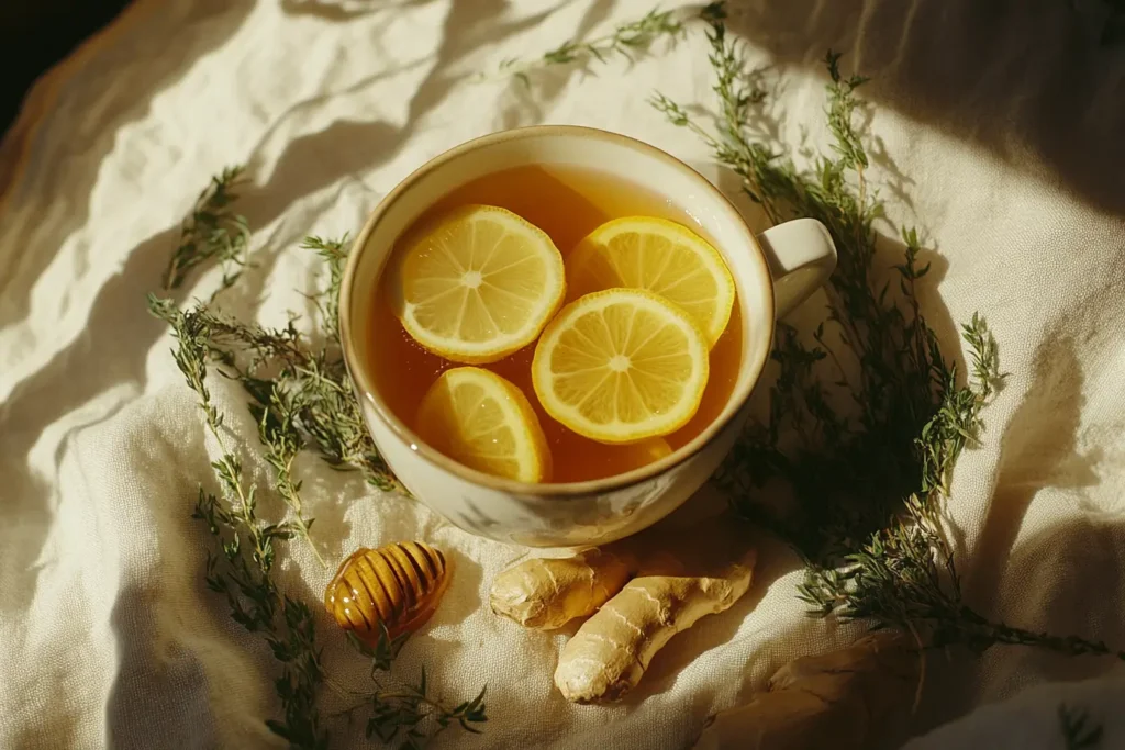 Lemon ginger tea steeping with fresh herbs	